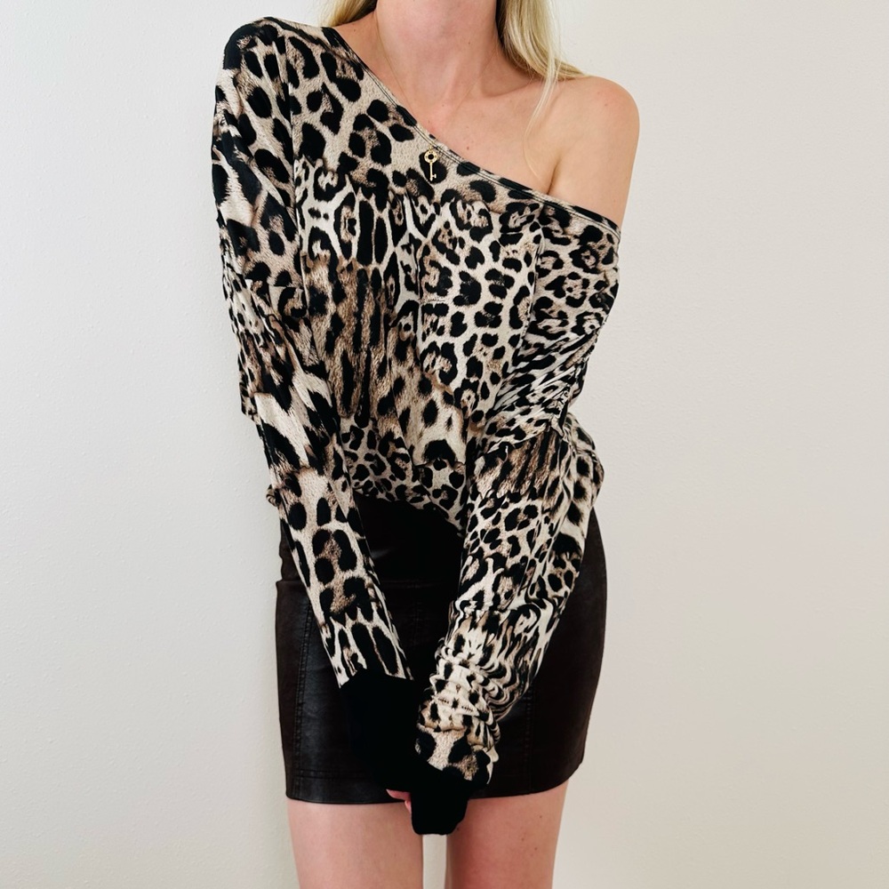 Just Cavalli leopard animal print off shoulder relax fit long sleeve blouse top